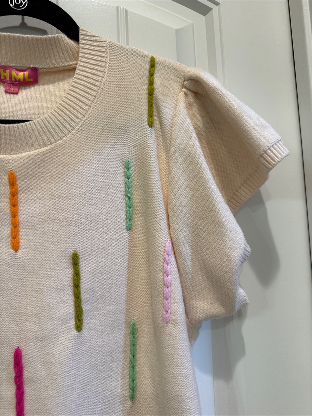 THML Cream Short-Sleeve Embroidered Knit Sweater with Colorful Stitches - Picture 6 of 6